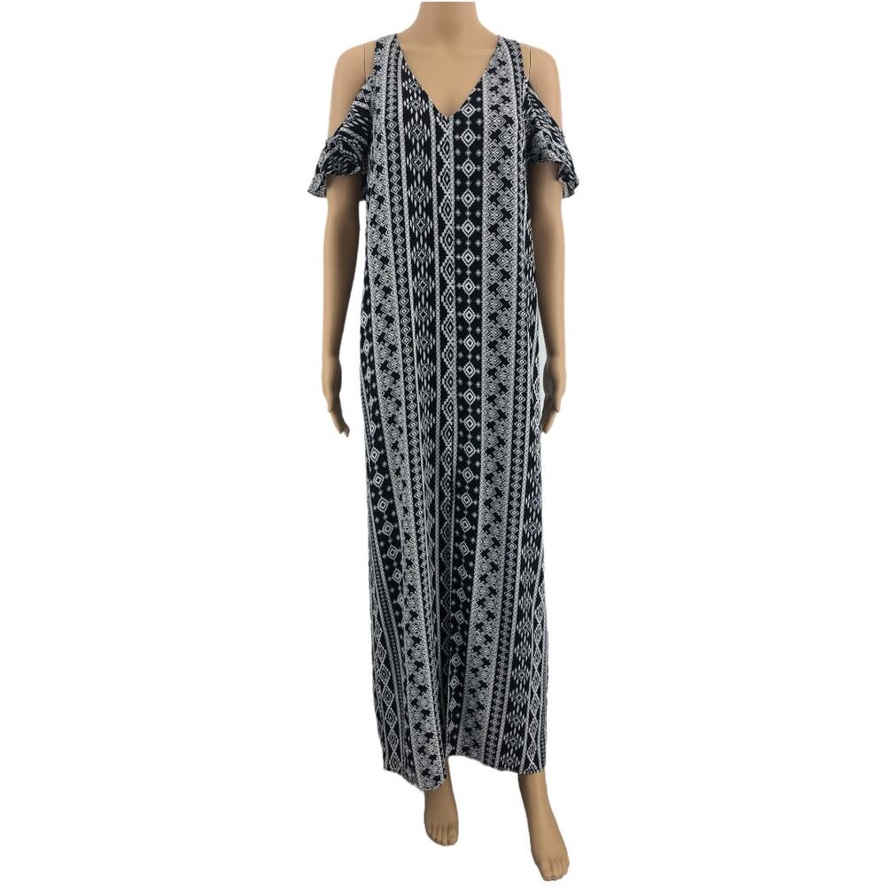 Bar III SMALL Black Cold Shoulder Southwestern Sheath Long Maxi Dress